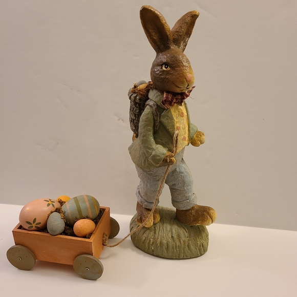 Primitive ChalkWare Tall Bunny Pulling Easter Cart 14" x5" - Picture 9 of 9